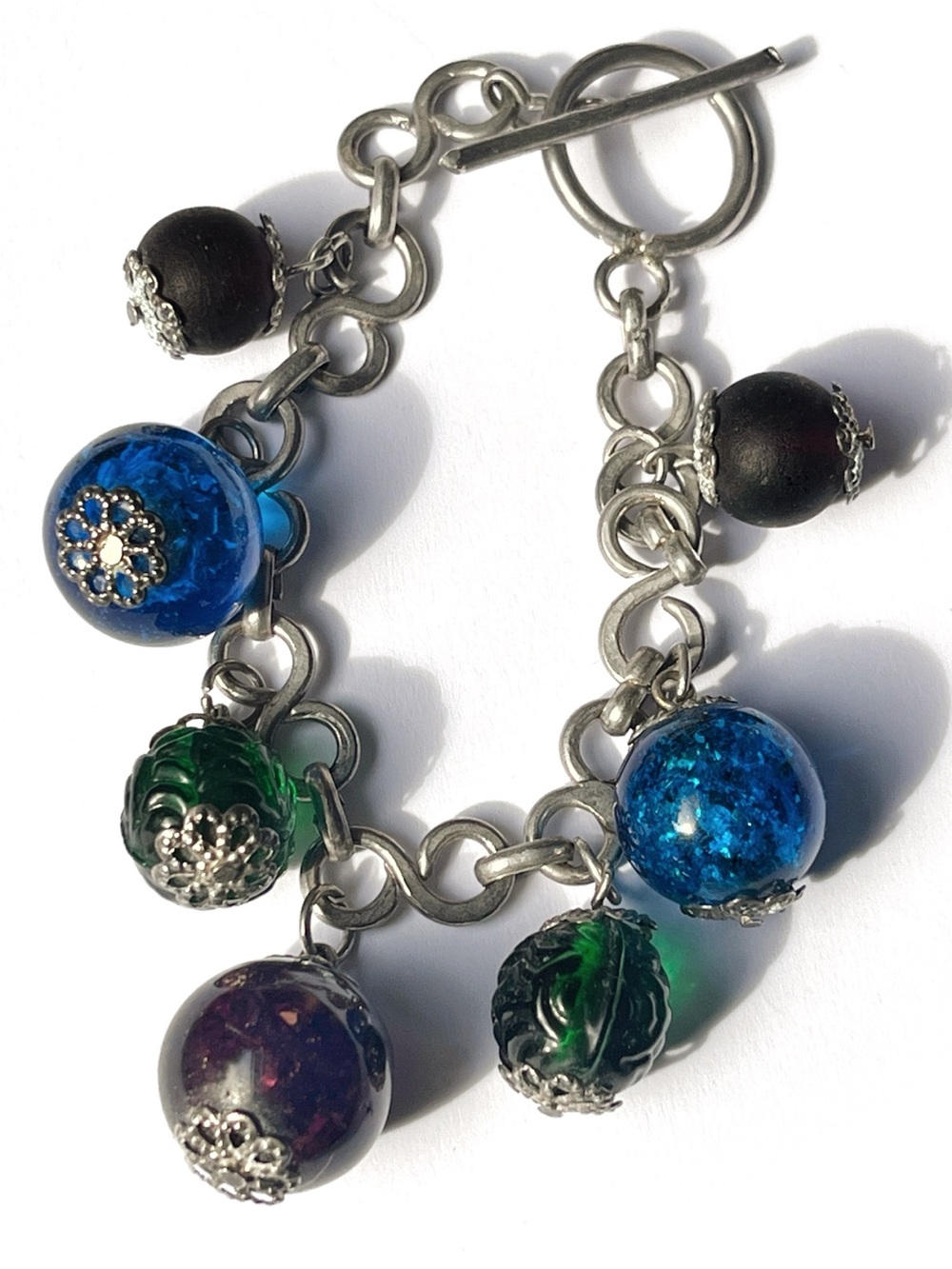 90’s Crackle Fried Glass Marble Charm Bracelet Cool Colors Silver Plated